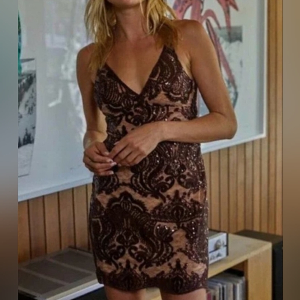 By Together Brown Lace Sequin Sleeveless Dress NWT Large